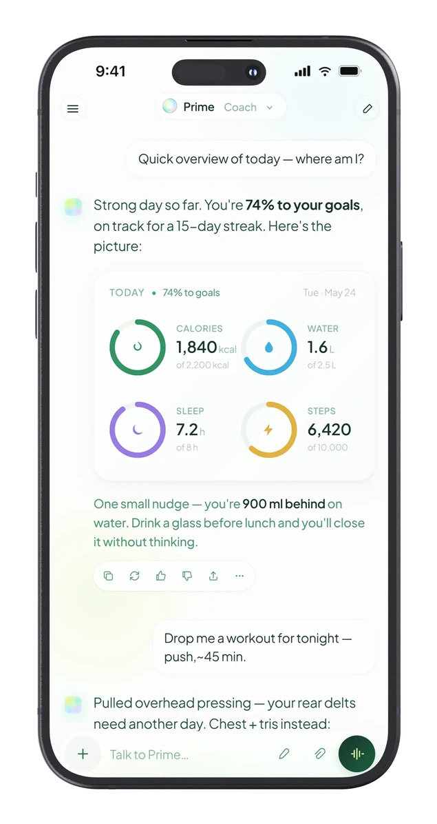 Primefit AI coach chat screen giving personalized daily guidance